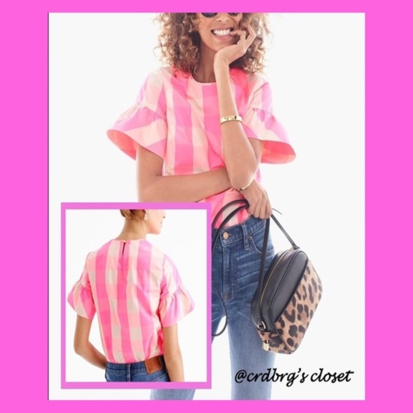 NWT, JCrew Buffalo Check Ruffle Sleeve Top - Picture 2 of 4